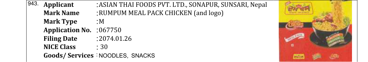Original bulletin entry for RUMPUM MEAL PACK VEGITABLE (and logo)