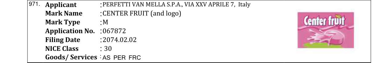 Original bulletin entry for CENTER FRUIT (and logo)