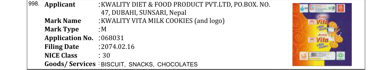 Original bulletin entry for KWALITY VITA CHOCO COOKIES (and logo)