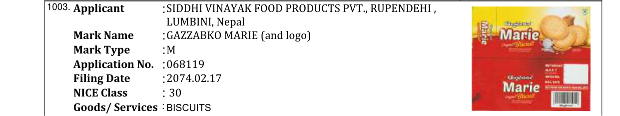 Original bulletin entry for GAZZABKO DIGESTIVE BISCUITS (and logo)
