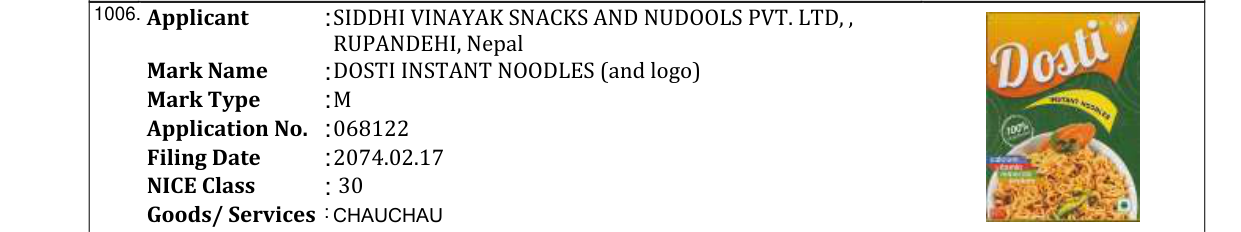 Original bulletin entry for SVS MAGIC INSTANT NOODLES (and logo)