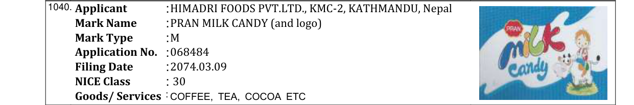 Original bulletin entry for PRAN LOLLIPOP (and logo)