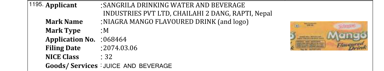 Original bulletin entry for NIAGRA ORANGE FLAVOURED DRINK (and logo)