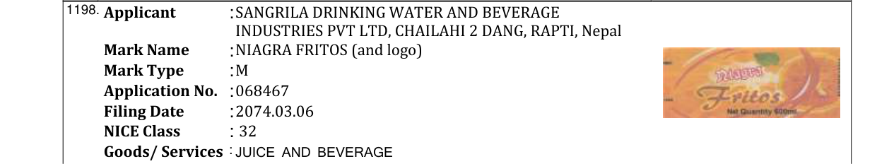 Original bulletin entry for NIAGRA LICHI FLAVOURED DRINK (and logo)