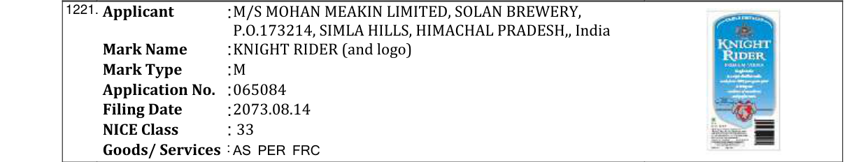 Original bulletin entry for OLD MONK WHITE RUM (and logo)