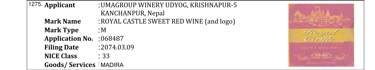 Original bulletin entry for ROYAL CASTLE SWEET WHITE WINE (and logo)