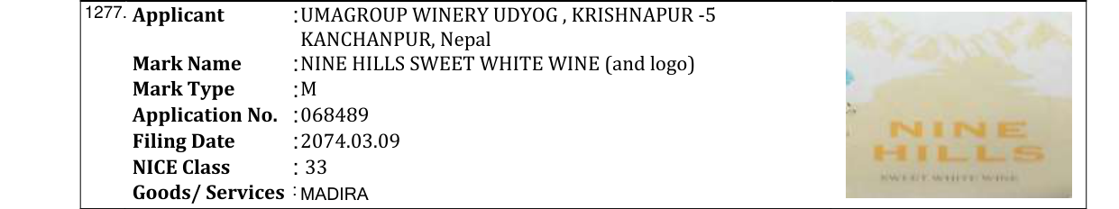 Original bulletin entry for NINE HILLS SWEET RED WINE (and logo)