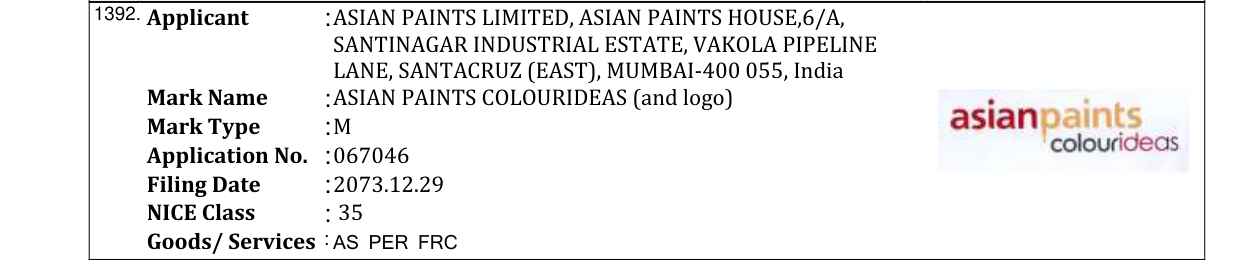 Original bulletin entry for ASIAN PAINTS EZYCOLOUR (and logo)