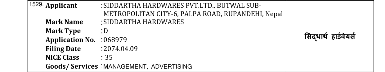 Original bulletin entry for SIDDARTHA HARDWARES
