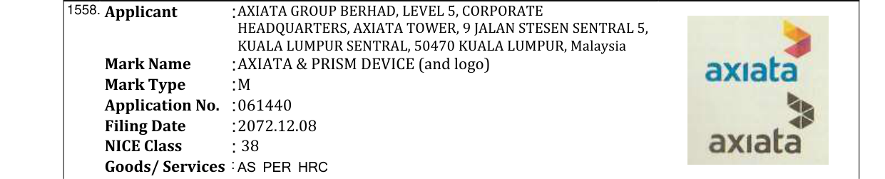 Original bulletin entry for AXIATA (in series of 3 marks) (and logo)