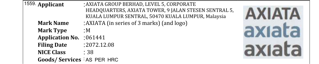 Original bulletin entry for AXIATA ADVANCING ASIA & PRISM DEVICE (and logo)