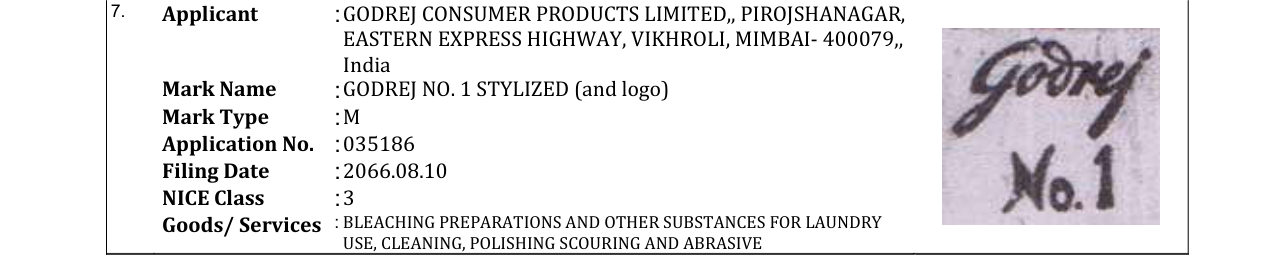 Original bulletin entry for GODREJ NO. 1 STYLIZED (and logo)