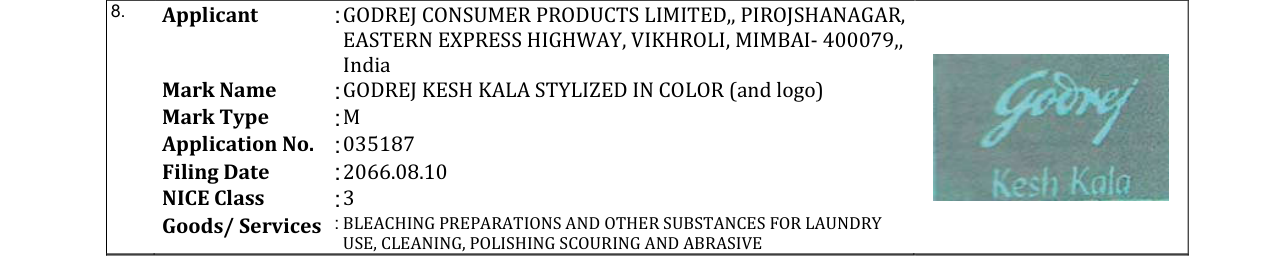 Original bulletin entry for GODREJ KESH KALA STYLIZED IN COLOR (and logo)