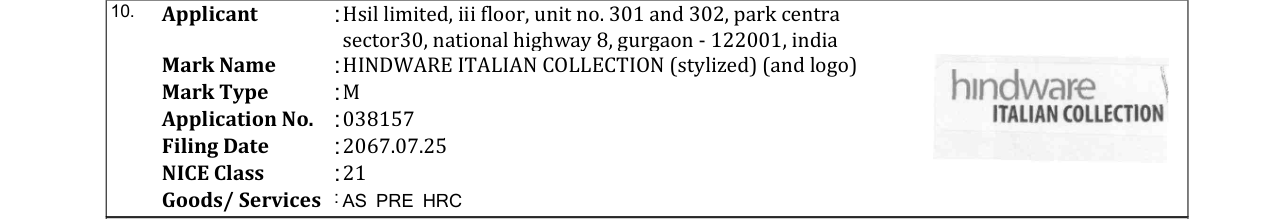 Original bulletin entry for HINDWARE ITALIAN COLLECTION (stylized) (and logo)