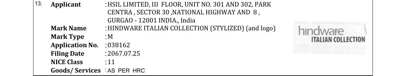 Original bulletin entry for HINDWARE ITALIAN COLLECTION (STYLIZED) (and logo)