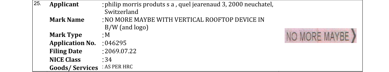 Original bulletin entry for NO MORE MAYBE WITH VERTICAL ROOFTOP DEVICE IN B/W (and logo)
