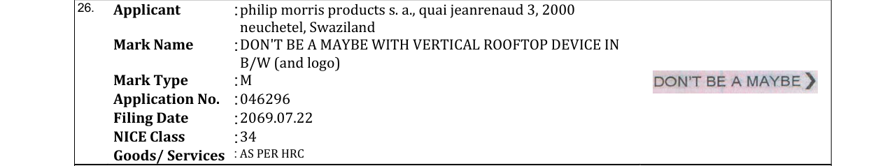 Original bulletin entry for DON'T BE A MAYBE WITH VERTICAL ROOFTOP DEVICE IN B/W (and logo)