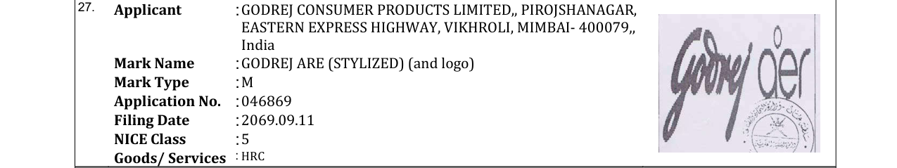 Original bulletin entry for GODREJ ARE (STYLIZED) (and logo)