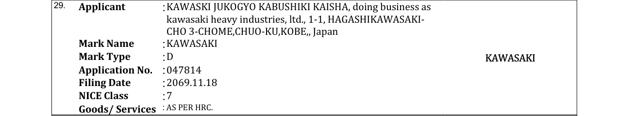Original bulletin entry for KAWASAKI
