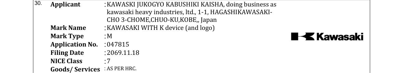 Original bulletin entry for KAWASAKI WITH K device (and logo)