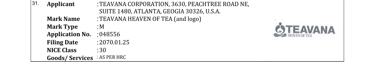 Original bulletin entry for TEAVANA HEAVEN OF TEA (and logo)