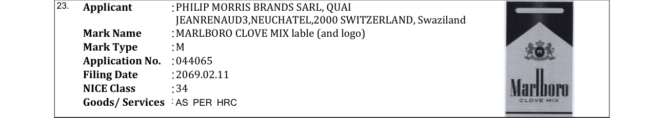 Original bulletin entry for MARLBORO CLOVE MIX lable (and logo)