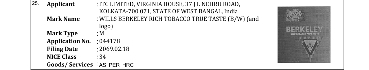 Original bulletin entry for WILLS BERKELEY RICH TOBACCO TRUE TASTE (B/W) (and logo)