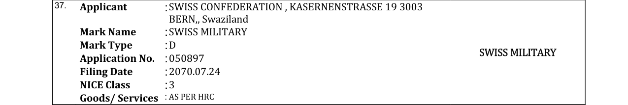 Original bulletin entry for SWISS MILITARY