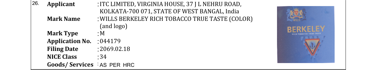 Original bulletin entry for WILLS BERKELEY RICH TOBACCO TRUE TASTE (COLOR) (and logo)