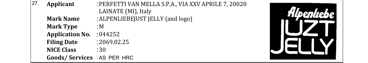 Original bulletin entry for ALPENLIEBEJUST JELLY (and logo)