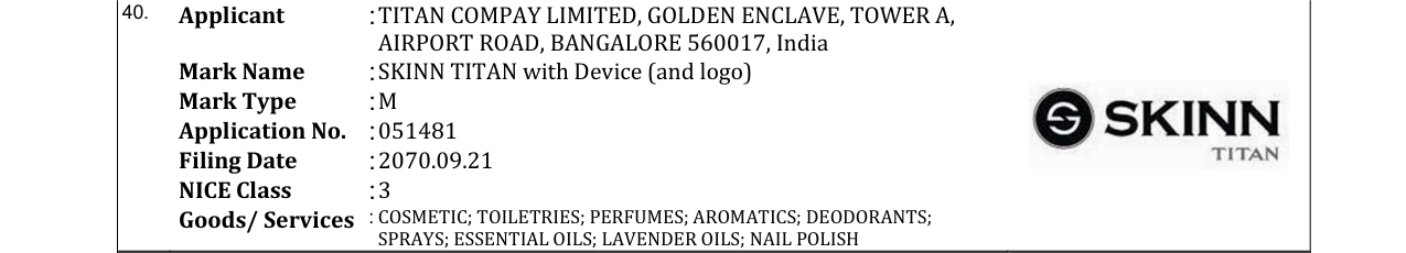 Original bulletin entry for SKINN TITAN with Device (and logo)