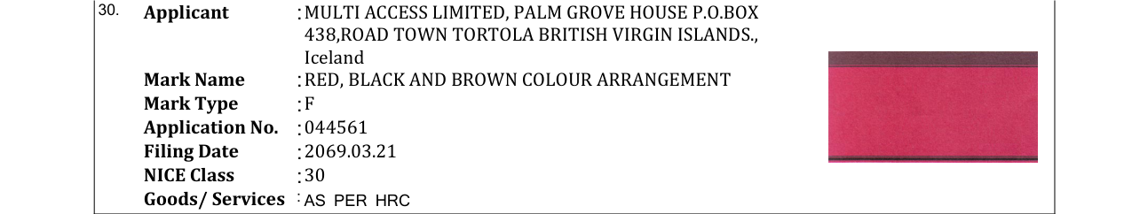 Original bulletin entry for RED, BLACK AND BROWN COLOUR ARRANGEMENT