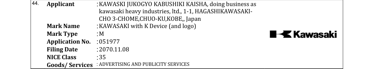 Original bulletin entry for KAWASAKI with K Device (and logo)