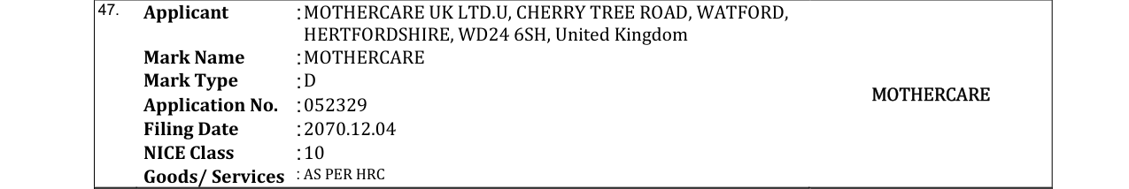 Original bulletin entry for MOTHERCARE