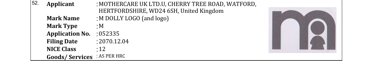 Original bulletin entry for M DOLLY LOGO (and logo)