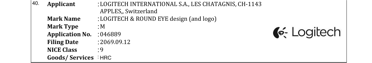 Original bulletin entry for LOGITECH & ROUND EYE design (and logo)