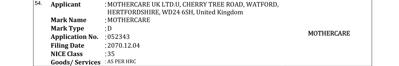 Original bulletin entry for MOTHERCARE