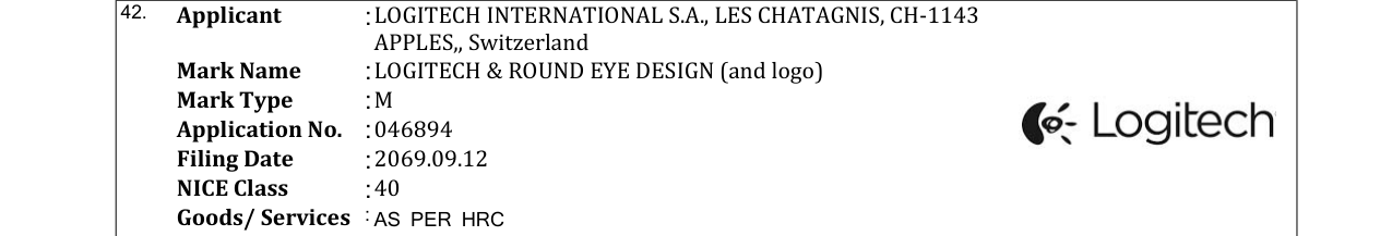 Original bulletin entry for LOGITECH & ROUND EYE DESIGN (and logo)