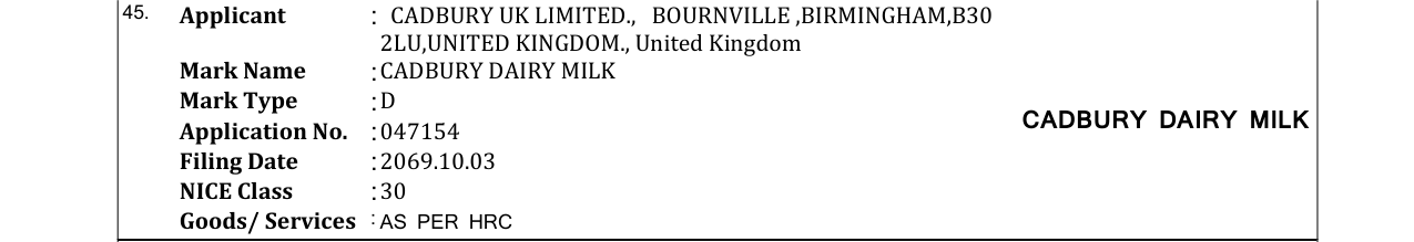 Original bulletin entry for CADBURY DAIRY MILK