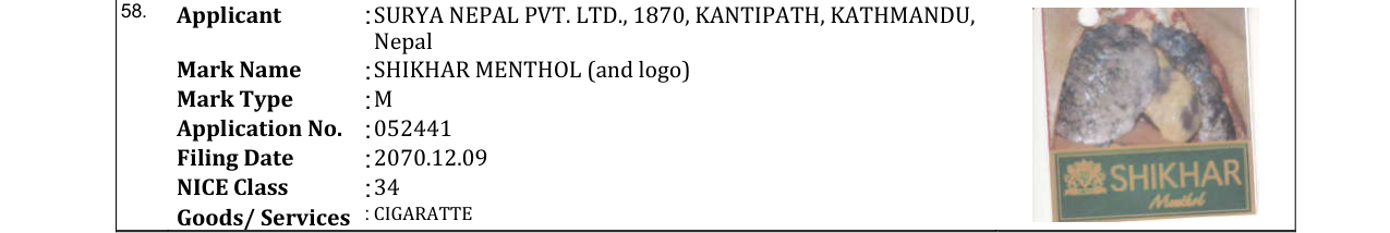 Original bulletin entry for SHIKHAR MENTHOL (and logo)