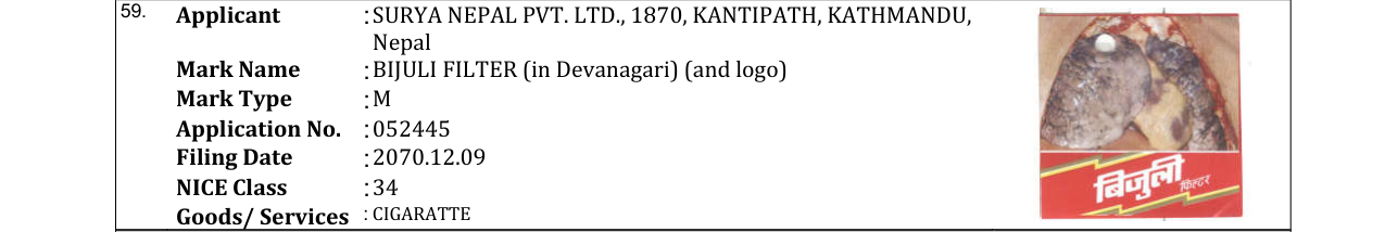 Original bulletin entry for BIJULI FILTER (in Devanagari) (and logo)