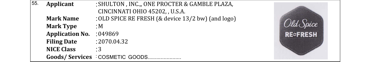 Original bulletin entry for OLD SPICE RE FRESH (& device 13/2 bw) (and logo)