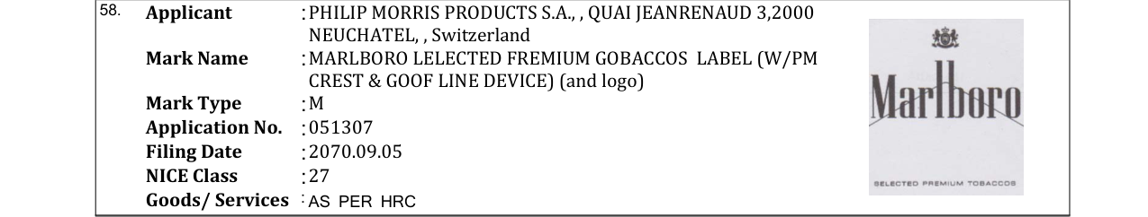 Original bulletin entry for MARLBORO LELECTED FREMIUM GOBACCOS LABEL (W/PM CREST & GOOF LINE DEVICE) (and logo)