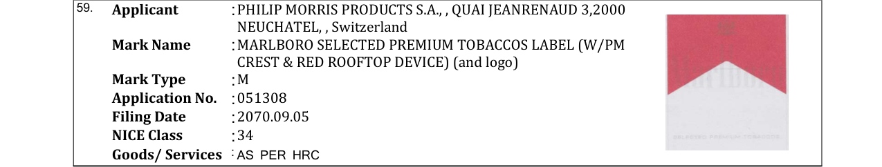 Original bulletin entry for MARLBORO SELECTED PREMIUM TOBACCOS LABEL (W/PM CREST & RED ROOFTOP DEVICE) (and logo)