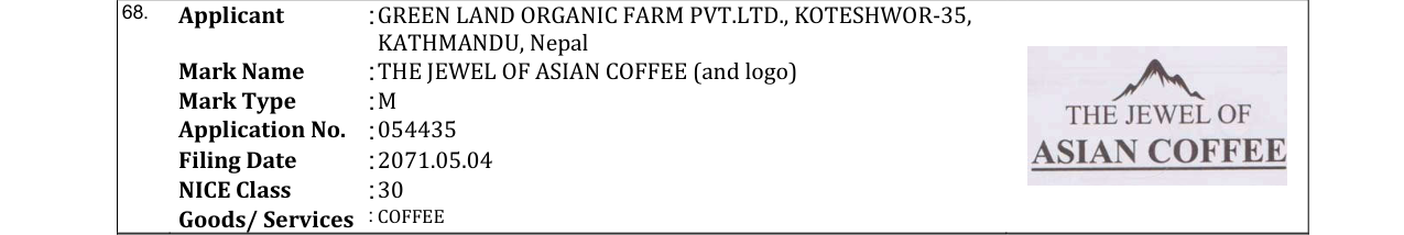 Original bulletin entry for THE JEWEL OF ASIAN COFFEE (and logo)