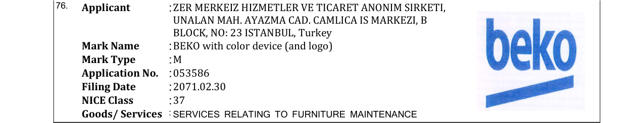 Original bulletin entry for BEKO with color device (and logo)