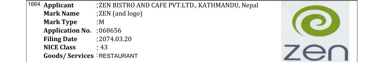 Original bulletin entry for Zen Bestro and Café Pvt. Ltd (and logo)