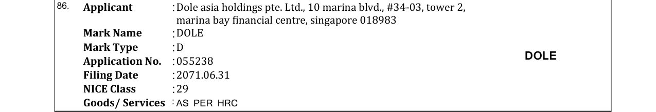 Original bulletin entry for DOLE