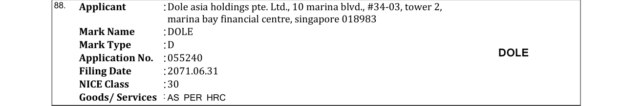 Original bulletin entry for DOLE