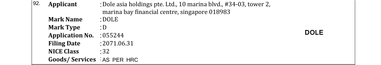 Original bulletin entry for DOLE